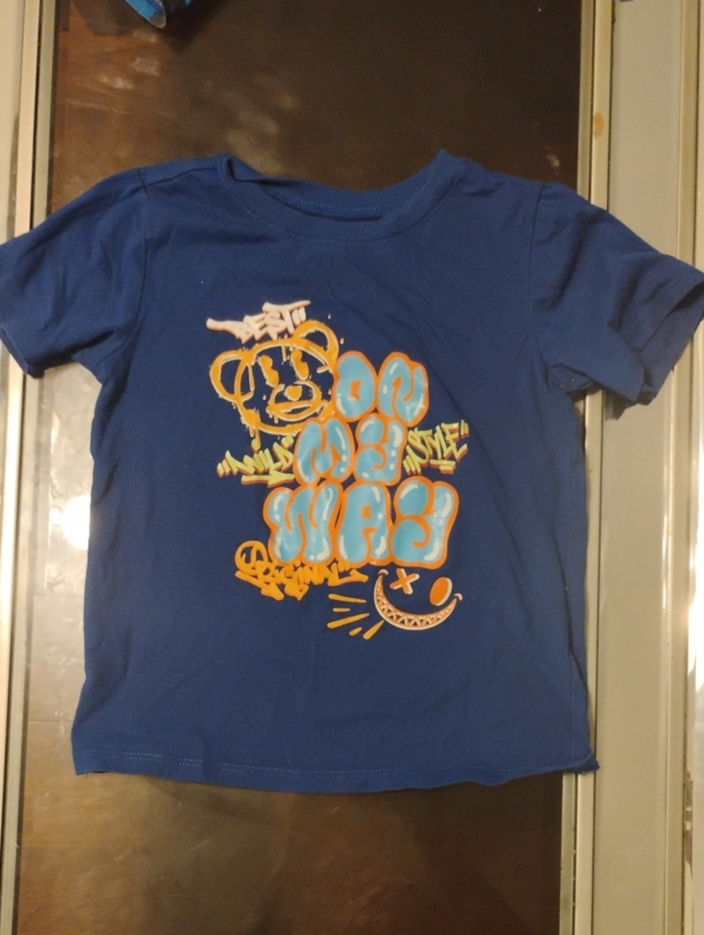 Blue Kids Short Sleeve Tee with Orange & Light Blue Graphic